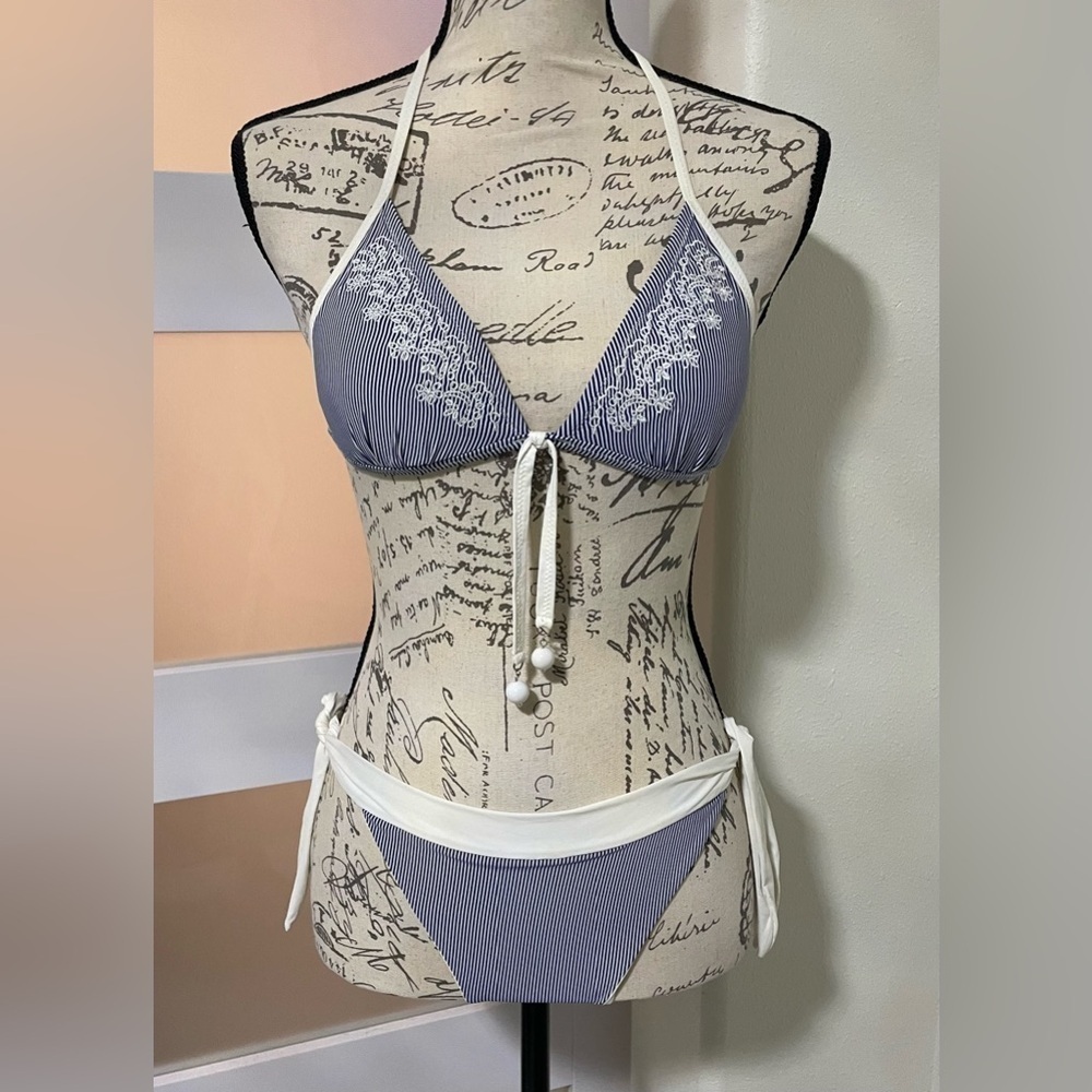 Vacanze Italiane Blue and White Embroidered Striped Halter Bikini